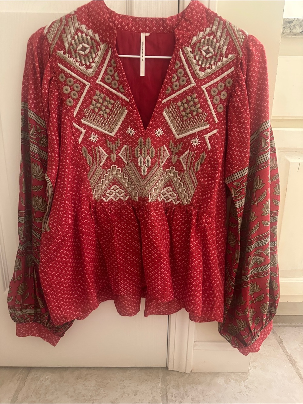 Anthropologie Red Embroidered Boho Peasant Blouse with Cream-Silver Stitching